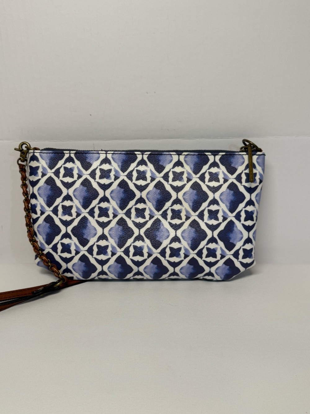 Elliott Lucca Blue White Tile Print Crossbody Leather Chain Bag